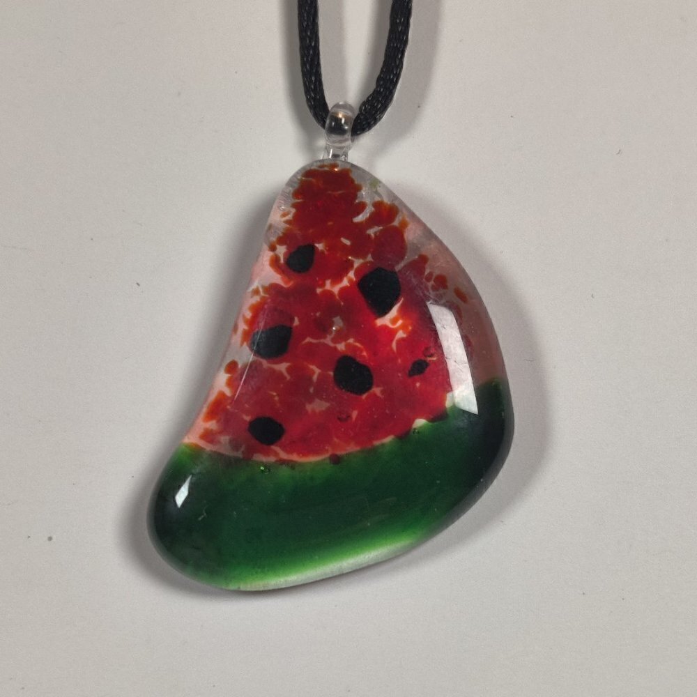 Necklace, Fused Glass 'Summers End" Red, Black & Green colors Handmade by Artist